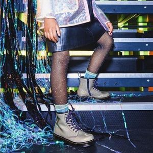 New in Box Dr Martens Silver Lightshow Youth Laceup Boots